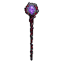 This pixel art showcases an ornate magical staff, its head crowned with a glowing purple crystal held by claw-like metal. Red accents spiral down the dark, textured shaft, creating a vibe of dark fantasy and potent, perhaps sinister, power.