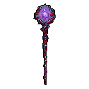 This pixel art showcases an ornate, dark magical staff with a twisted, metallic shaft spiraled with jagged crimson energy. At its head, a vibrant purple gem is encased in a dark framework, surrounded by a chaotic halo of red energy, hinting at a potent and possibly dangerous power.