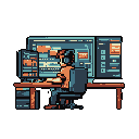 A focused coder or professional, depicted in pixel art, is engrossed in a multi-screen workstation, hinting at intense concentration and digital dedication against a black background. The image captures a modern, industrious vibe with its complementary color scheme and detailed interface elements.
