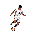 This pixel art showcases a soccer player skillfully dribbling a ball, captured in a dynamic pose against a stark black background. The limited color palette emphasizes the player's focus and athleticism, highlighting his movement and control.