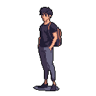 A pixel art character with dark hair and a relaxed pose stands against a black void, sporting a t-shirt, grey trousers, and a light brown backpack. His subtle smile and upward gaze suggest a calm, contemplative mood.