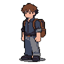 A pixel art rendition depicts a young man with a backpack, standing with a neutral expression and relaxed posture, suggesting a moment of quiet contemplation.