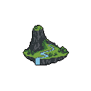 A lone, pixelated floating island features a jagged mountain, lush greenery, and a cascading waterfall. This tranquil, self-contained world evokes a sense of peaceful isolation.