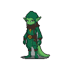 This pixel art showcases a green-skinned humanoid character with pointed ears and a tail, possibly a quirky adventurer from a fantasy realm. The character's earthy-toned outfit features details like a question mark symbol and practical straps, hinting at a life of travel.
