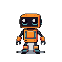 This charming pixel art showcases a boxy, orange robot with bright blue accents against a stark black background. The friendly bot features a screen face with large, cheerful eyes, exuding a cute and approachable vibe.
