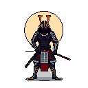 A pixelated samurai warrior in detailed armor stands ready, framed by a pale celestial body. The dark, retro-style image uses pops of orange and red to highlight the figure's stoic power and the warrior's readiness for battle.