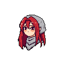 This pixel art headshot features a young character with flowing reddish-brown hair, a grey beanie and scarf, and blush marks on their cheeks. The character's large, upward-gazing eyes and subtle expression convey innocence and vulnerability.