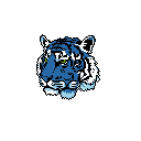 This pixel art headshot features a stoic tiger rendered in striking shades of blue against a black background. The simple, centered composition and direct gaze evoke a sense of strength and focus.