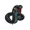 This pixel art image captures a menacing cobra in a striking, aggressive pose, its flared hood, sharp fangs, and intense red eyes conveying a sense of danger. The dark color palette and focus on detail create an ominous and powerful portrayal of this predatory creature.