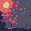 A lone figure stands in awe before a colossal, swirling vortex of energy beneath a radiant celestial body. The pixel art evokes a sense of solitary contemplation amidst a scene of profound cosmic scale.