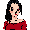 This pixel art portrait features a stylized woman with striking red eyes and dark hair, her demure expression and simple design evoke a classic, slightly gothic feel against the stark black background.
