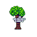 A stylized pixel art tree features a curious detail: a grey brick wall encircles its trunk. This unique and whimsical design, set against a black background, evokes a retro game aesthetic.
