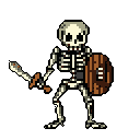 A pixel art skeleton warrior stands ready for battle, sword in hand and shield raised. This classic fantasy sprite evokes a sense of a simple but threatening enemy, perfect for an old-school RPG encounter.