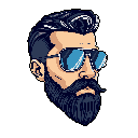 A cool, pixelated character portrait features a stylish man with a dark beard, pompadour, and reflective sunglasses. The headshot's sharp lines and limited palette create a striking, retro-modern aesthetic.