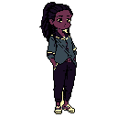 A pixel art image depicts a solitary woman in muted purples and blues, standing pensively against a black void. She wears a dark jacket and pants with pale yellow accents, conveying a calm and introspective mood.
