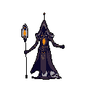 A mysterious, robed figure stands silhouetted against a stark background, its hidden face illuminated by glowing orange "eyes" beneath a sharp hood. The pixel art emphasizes the figure's mystical presence through a dark palette punctuated by vibrant orange accents, suggesting ancient magic and quiet power. An orb floats near the figure.