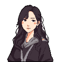 A pixel art portrait showcases a young woman with dark, wavy hair and a neutral expression, her hooded jacket adding to the image's introspective mood. The limited color palette and retro style create a calming and nostalgic feel.