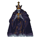 This pixel art depicts a skeletal Pope, a macabre figure adorned in golden religious regalia. The undead pontiff, with its dark purple robe and ornate tiara, exudes an ominous and unsettling presence.