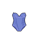 A minimalist pixel art image showcases a lavender, high-cut swimsuit with ruffled trim, floating against a stark black background. The design is simple and focuses solely on the garment's form and color.