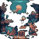 Discover hidden riches in this pixel art underwater scene! A treasure chest rests amidst vibrant coral and drifting jellyfish in the ocean's depths, evoking a sense of mystery and exploration.