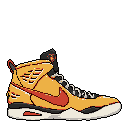 This pixel art showcases a vibrant, high-top basketball shoe in retro style, rendered with bold orange and yellow hues. The iconic Nike swoosh adds a punch of reddish-orange to the design.