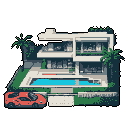 This pixel art showcases a sleek, modern villa with a pool and a red sports car, radiating luxury and aspirational living. The detailed architecture and vibrant landscaping stand out against the void, emphasizing the scene's sophisticated, retro vibe.