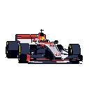 This pixel art image showcases a sleek, stationary Formula 1-style racing car in striking white, red, and blue against a black backdrop. The high-contrast design and bright yellow accents on the wheels capture the technical and exciting aesthetic of high-performance racing.