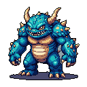 A menacing, blue-scaled monster with glowing yellow eyes and sharp teeth dominates this pixel art piece. This formidable beast, poised and powerful, evokes a classic fantasy creature aesthetic with retro charm.