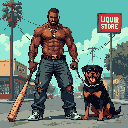 A muscular, shirtless man with a silver pendant stands vigilantly with his Rottweiler, holding a baseball bat and leash, projecting strength and watchfulness.