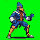 Ready for action! This pixel art depicts Falco Lombardi in a dynamic pose, showcasing his signature cool confidence. The vibrant character pops against a solid green backdrop, highlighting his iconic design.