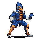This pixel art showcases Falco Lombardi, poised for action in his signature blue and orange, capturing his confident and determined spirit. The vibrant colors and dynamic pose bring the iconic Star Fox character to life with a nostalgic, yet polished, feel.