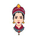 This pixel art portrait features a regal woman with dark complexion, adorned in a striking red and gold headdress and jewelry. Her neutral expression and rich color palette evoke a sense of formality and quiet strength.