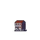 A simple, two-story pixel art building with a red-tiled roof stands isolated against a stark black background, rendered in muted reds and grays for an understated and somewhat somber mood.