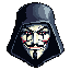 This pixel art headshot features a Guy Fawkes mask with striking red accents, set against a dark, hooded cloak. The image creates a somber and mysterious atmosphere, emphasizing anonymity and defiance.