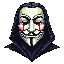 This pixel art image features a stylized Guy Fawkes mask with striking red tears, creating an enigmatic and ominous portrait. The iconic mask, set against a stark black background, evokes themes of rebellion and hidden emotion. The pixelated style adds a retro edge to this powerful symbol.
