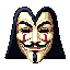 This pixel art image features a front-facing Guy Fawkes mask, instantly recognizable from "V for Vendetta" and Anonymous, with its signature pale complexion, enigmatic smile, and striking crimson teardrop details. The dark hair framing the mask adds to the overall air of mystery and defiance.