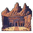 This pixel art showcases a majestic rock-cut temple intricately carved into a vast mountain range. The ancient facade, with its imposing doorway and cavernous openings, evokes a sense of mystery and timeless grandeur.