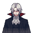 This pixel art portrait captures a sophisticated vampire with piercing red eyes and a subtle smirk, exuding dark elegance. His high-collared coat with its crimson lining and ruffled shirt hint at a dangerous and mysterious nature. The stark black background emphasizes his striking features and chilling charisma.