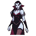This pixel art depicts a confident, elegant vampire with striking red eyes and a subtle smirk. Set against a stark black background, her gothic attire and pale complexion create an alluring aura of dark fantasy.