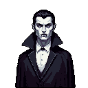 This pixel art presents a stern, traditionally styled vampire in a dark suit and cape, his piercing gaze and visible fangs conveying an ominous presence. The focus is entirely on the figure against a stark black background, emphasizing his gothic and predatory nature.