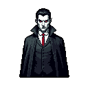 This pixel art portrays a classic Dracula-esque vampire with piercing red eyes, staring intensely from the shadows. His formal attire and pale complexion evoke a sense of gothic horror and menacing power.