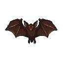 This pixel art image captures a snarling bat in flight, its glowing eyes piercing the darkness. The creature's aggressive pose and sharp features evoke a sense of menace. The dark color palette and stark background intensify the ominous mood.