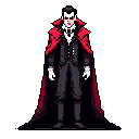 This pixel art showcases a classic, slightly menacing Count Dracula in a formal black suit and flowing cape. The high-contrast palette and red eyes evoke a gothic, video game-inspired aesthetic.
