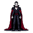 A pixel art vampire stands tall, exuding gothic power in a dark suit with striking red accents and a flowing cape. The figure's pale face and sinister expression complete the classic, dramatic aesthetic.