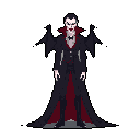 This pixel art showcases a stern vampire in a dark suit and cape, complete with fangs and stylized wings, capturing a classic gothic aesthetic. The dark color palette and formal pose create an ominous and intense portrait.