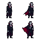 This pixel art showcases a classic vampire, reminiscent of Dracula, in four distinct poses. The dark suit, high-collared red-lined cape, and pale complexion create a striking and ominous depiction of the iconic creature.