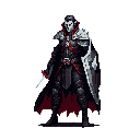 A powerful vampire lord stands ready for battle, rendered in detailed pixel art. Armed with a rapier and shield, the armored figure exudes an ominous presence.