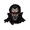 This pixel art portrait captures a menacing vampire bust, fangs bared and eyes glowing red. Emerging from the darkness, the iconic creature exudes classic gothic horror with its pale skin and dark, ragged cloak.