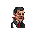 This pixel art portrait captures a menacing vampire in a classic horror style, complete with glowing red eyes and blood-stained fangs. The dark color palette and intense gaze create an ominous and unsettling presence.