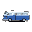 This pixel art showcases a vintage blue and white bus in profile, rendered with nostalgic detail. The focus is entirely on the vehicle, from its open door to pixelated window reflections.